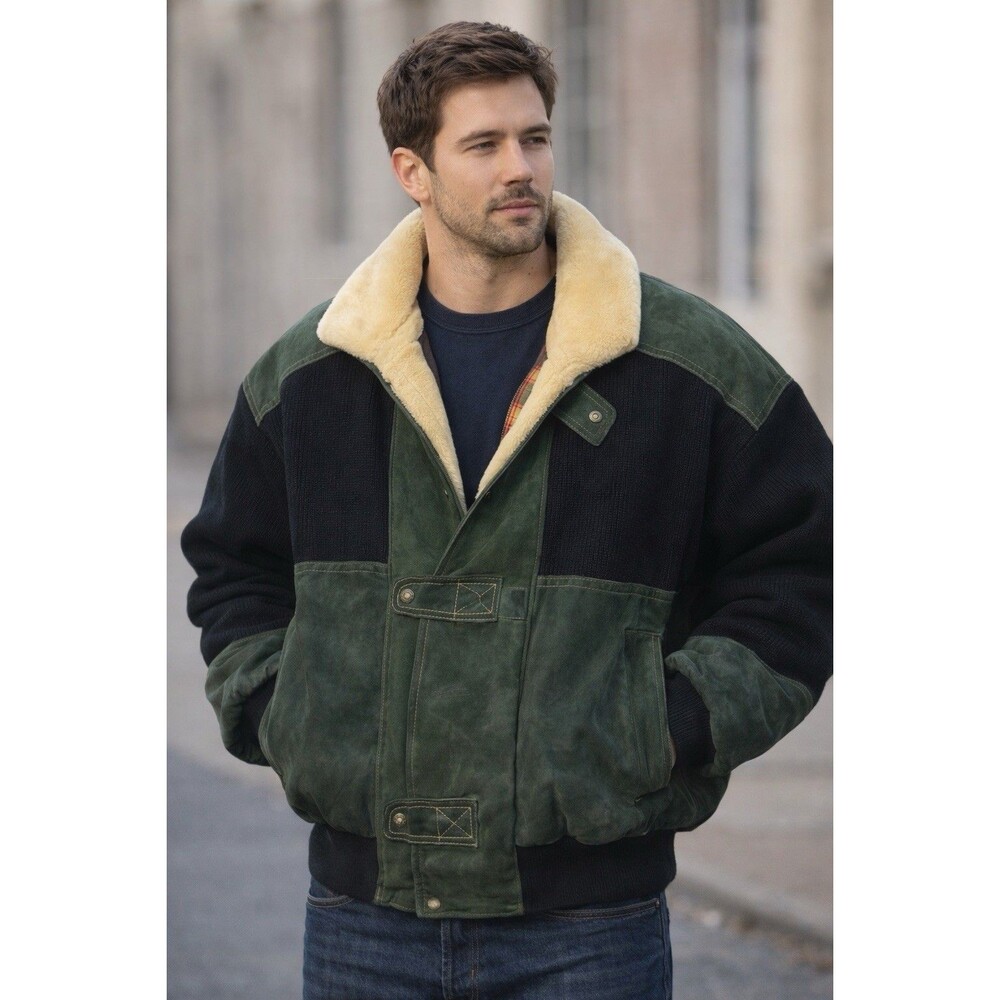 Vintage 80s Genuine Game Leather Fur Plaid Lined  Bomber Jacket Coat Men’s Sm